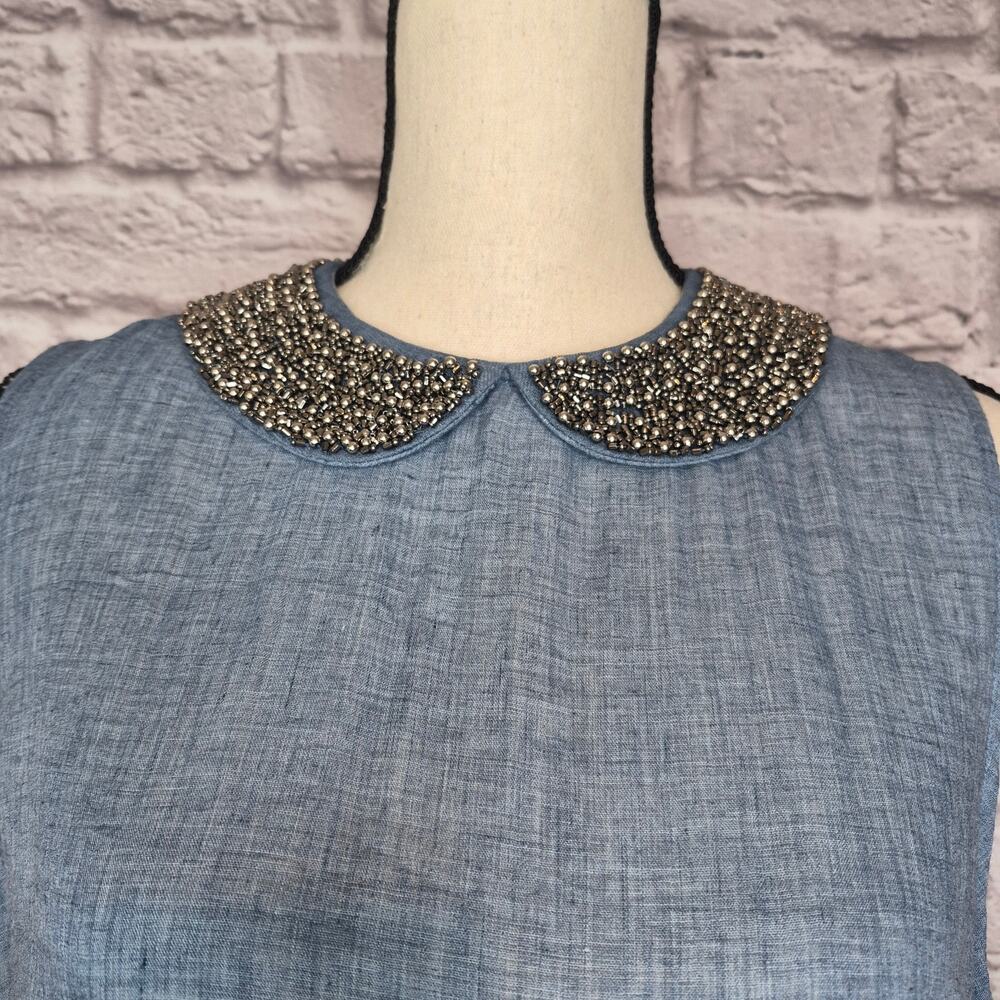 Anthropologie Maeve Chambray Blouse Sleeveless Beaded Peter Pan Collar Top Sz L - Picture 4 of 10
